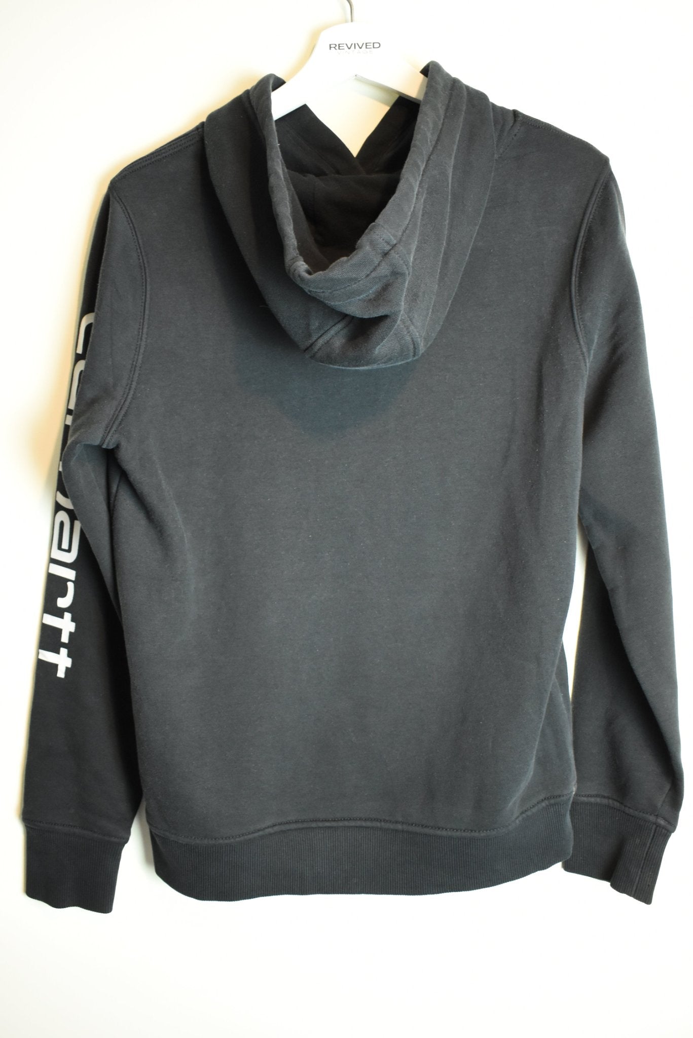 Vintage Carhartt Print Black Hoodie Relaxed Fit Small