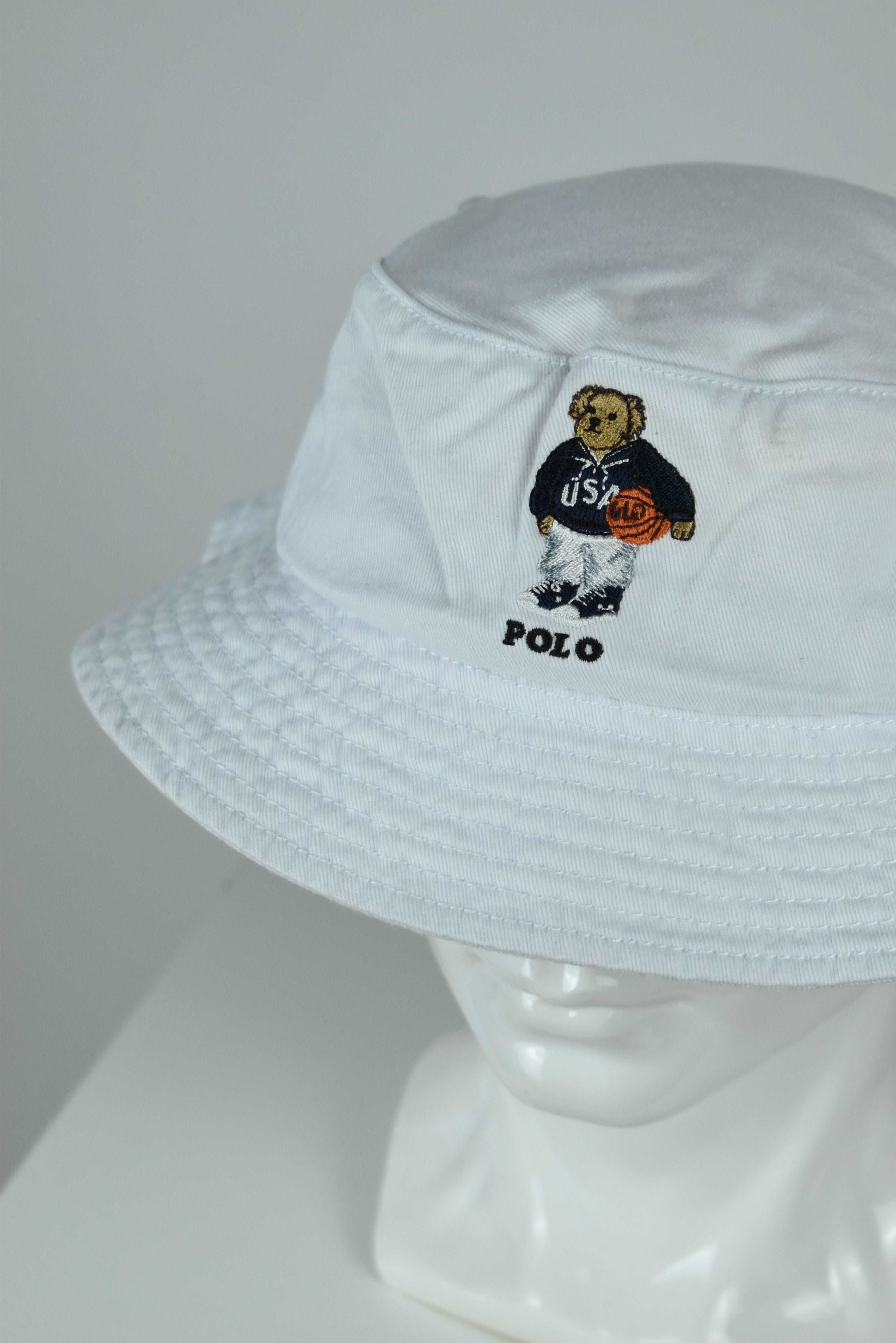 New Ralph Lauren Polo Bear Basketball Bucket Hat White OS