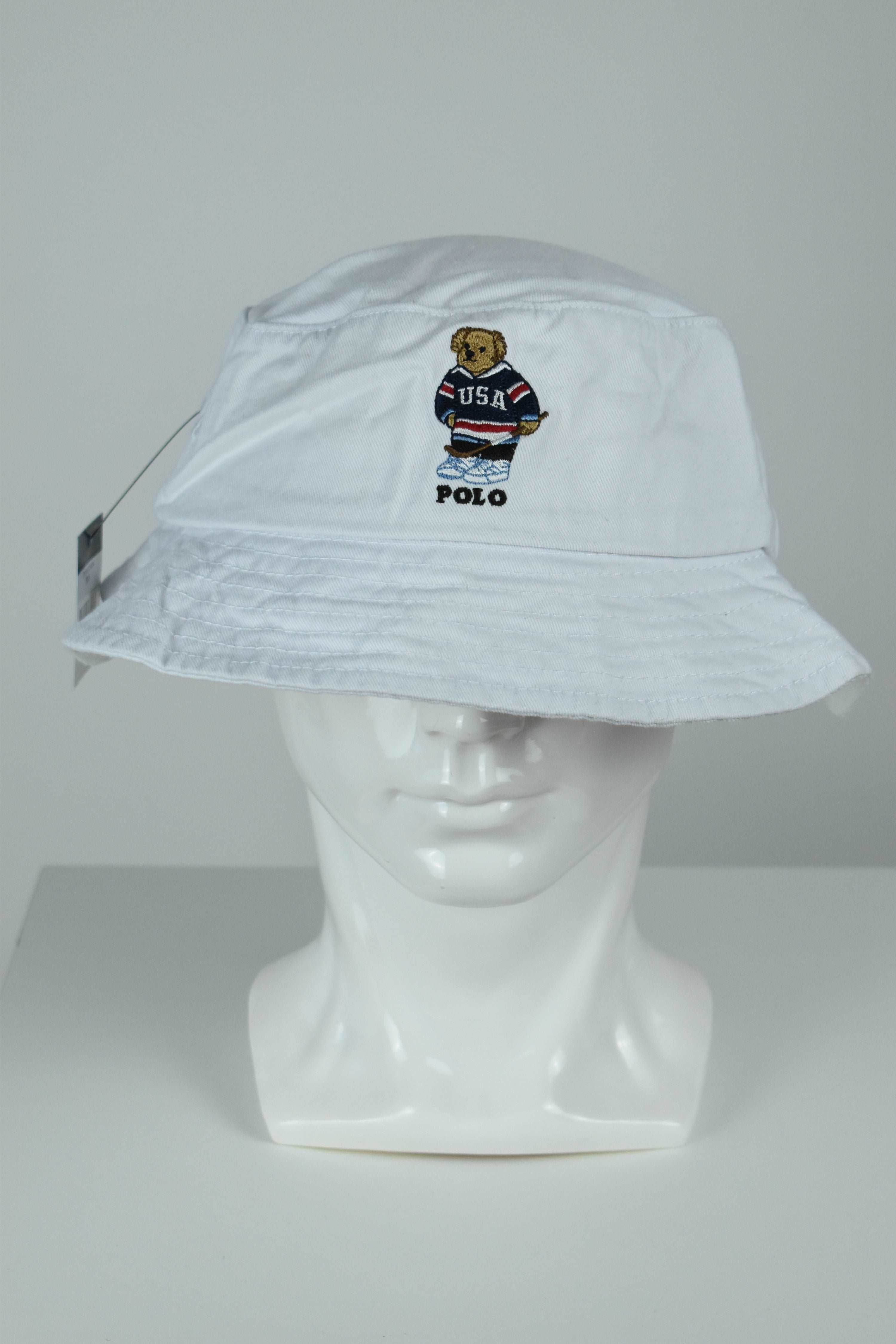 New Ralph Lauren Polo Bear Hockey Bucket Hat White OS