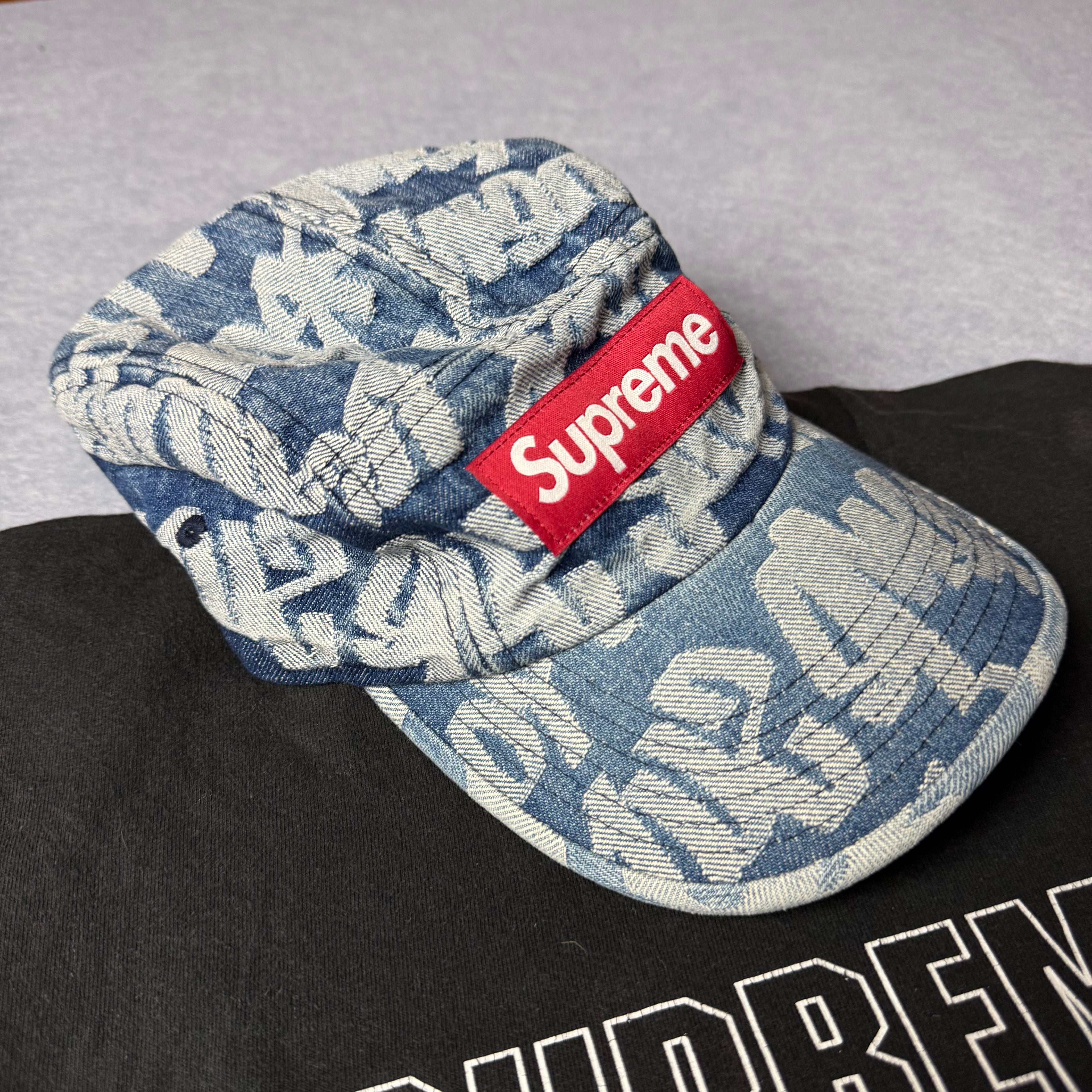 Supreme Fat Tip Jacquard Denim Camp Cap SS22.
