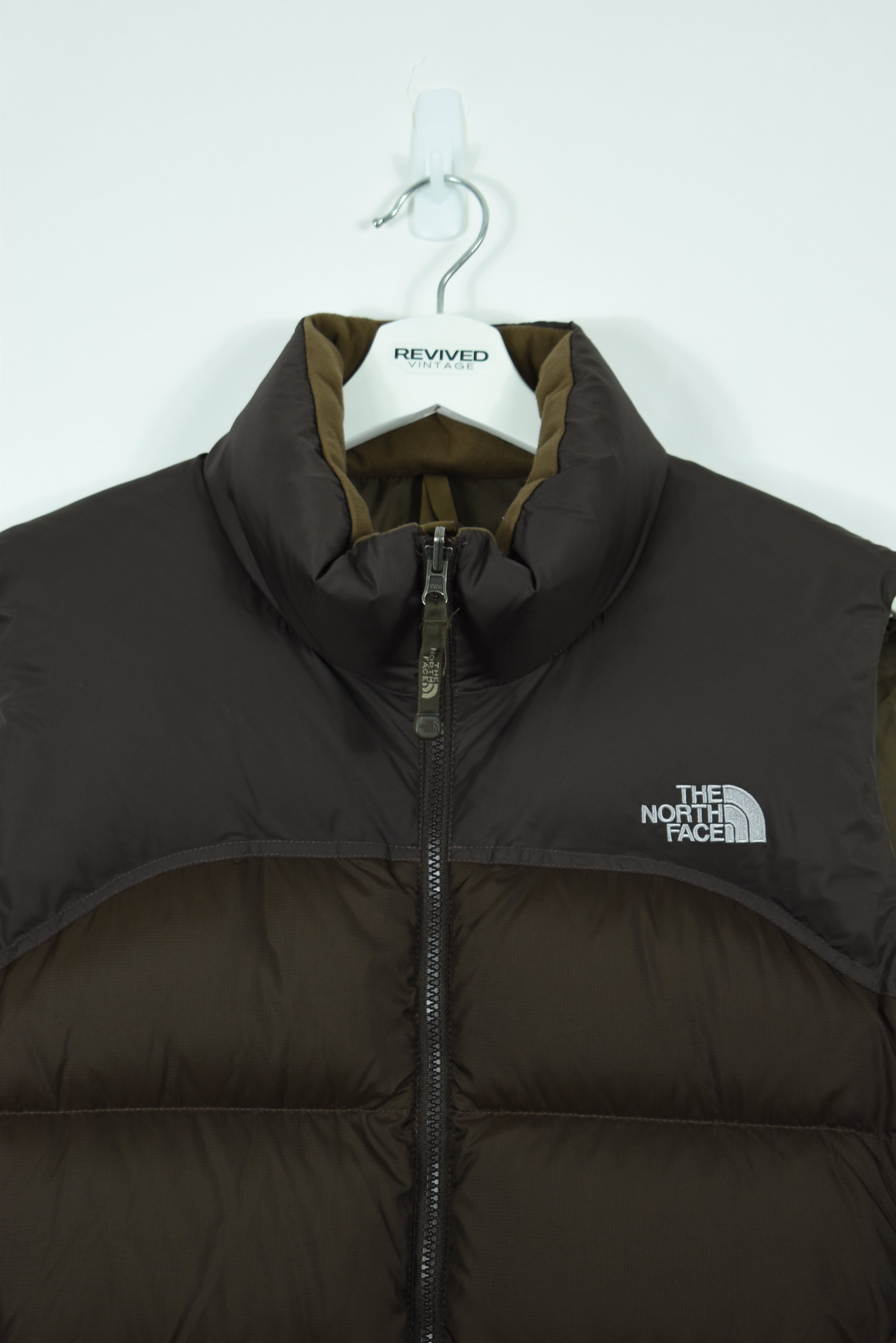 VINTAGE NORTH FACE BROWN PUFFER VEST WOMENS LARGE