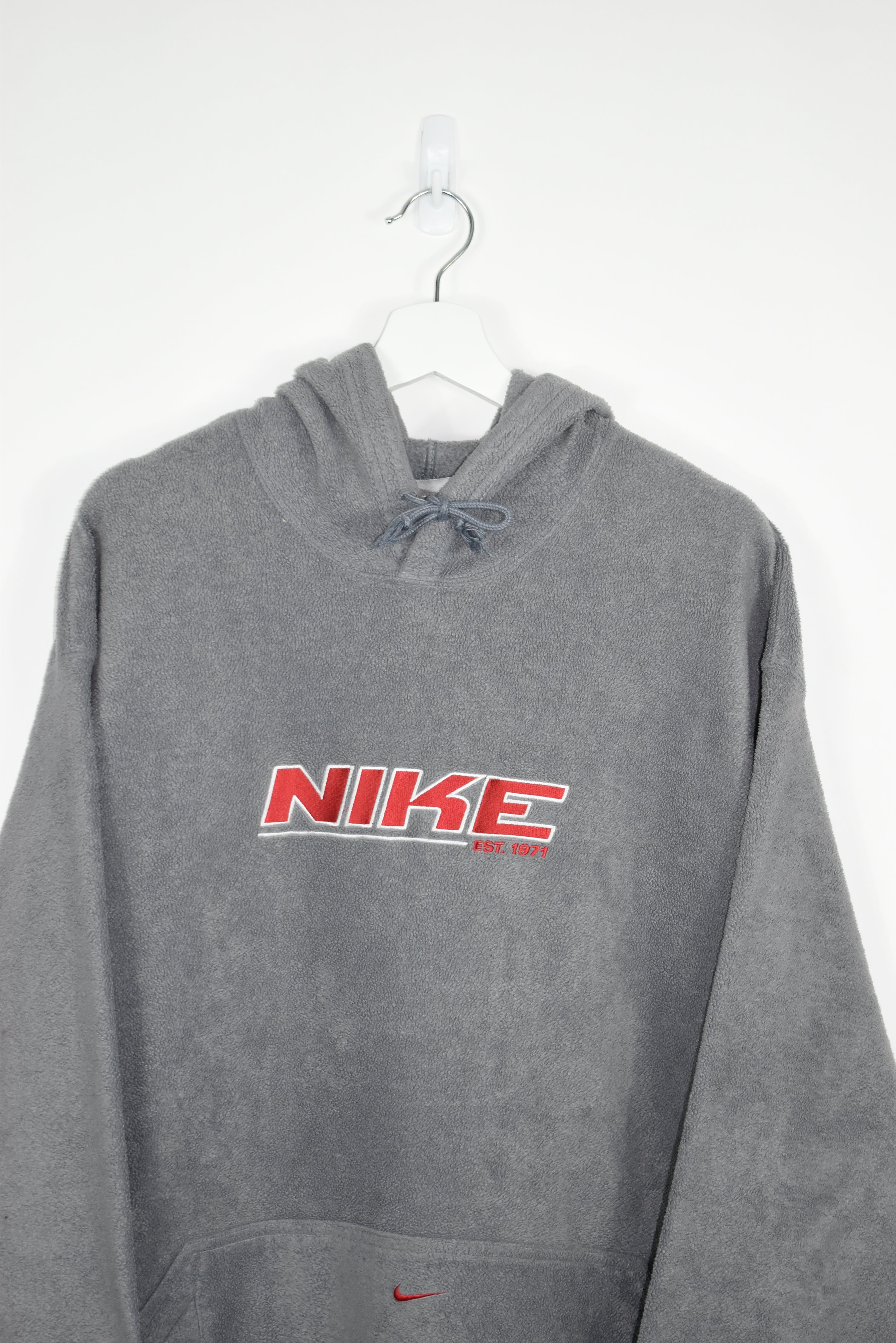 VINTAGE NIKE EMBROIDERY FLEECE HOODIE GREY MEDIUM (BAGGY)
