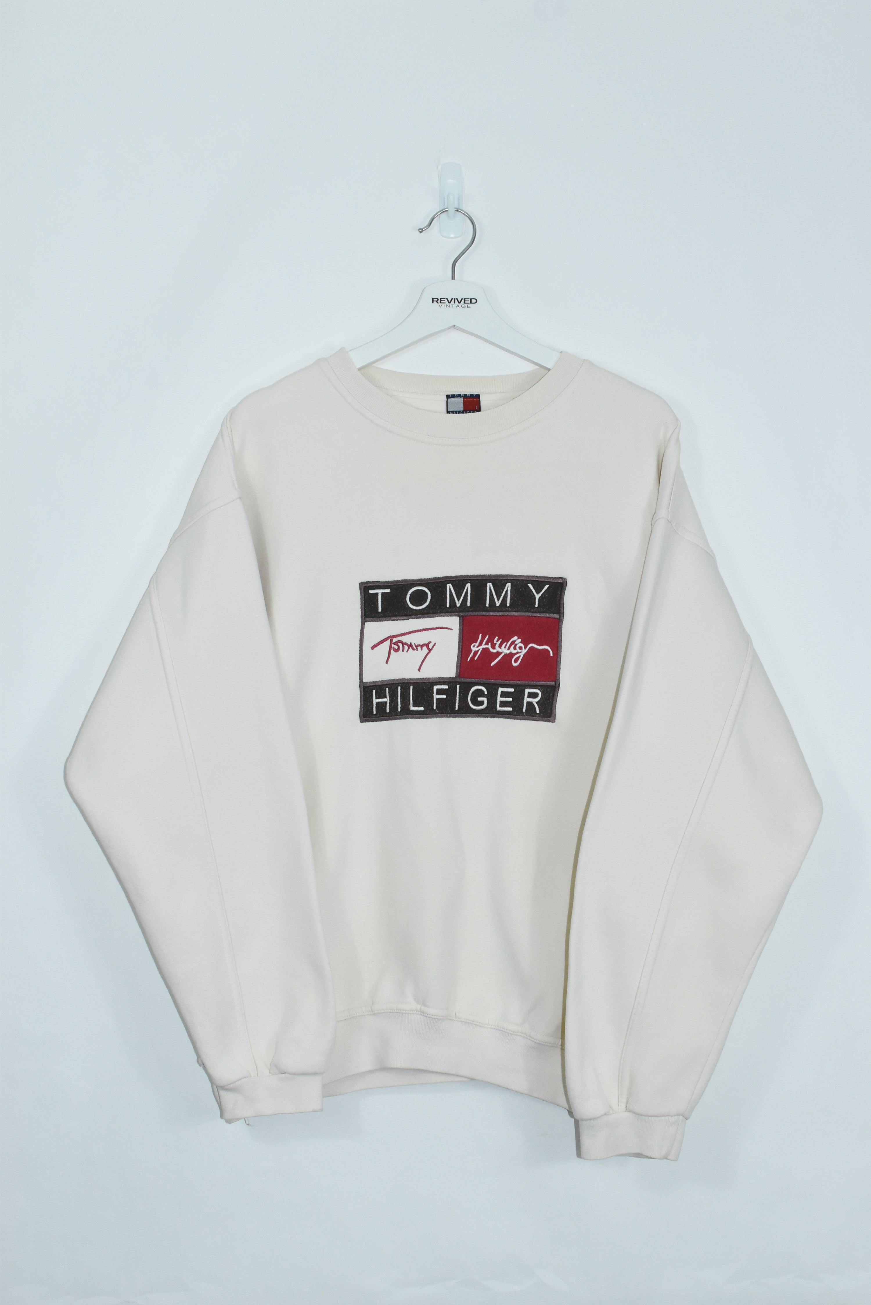 VINTAGE TOMMY HILFIGER 90s EMBROIDERY SWEATSHIRT CREAM LARGE