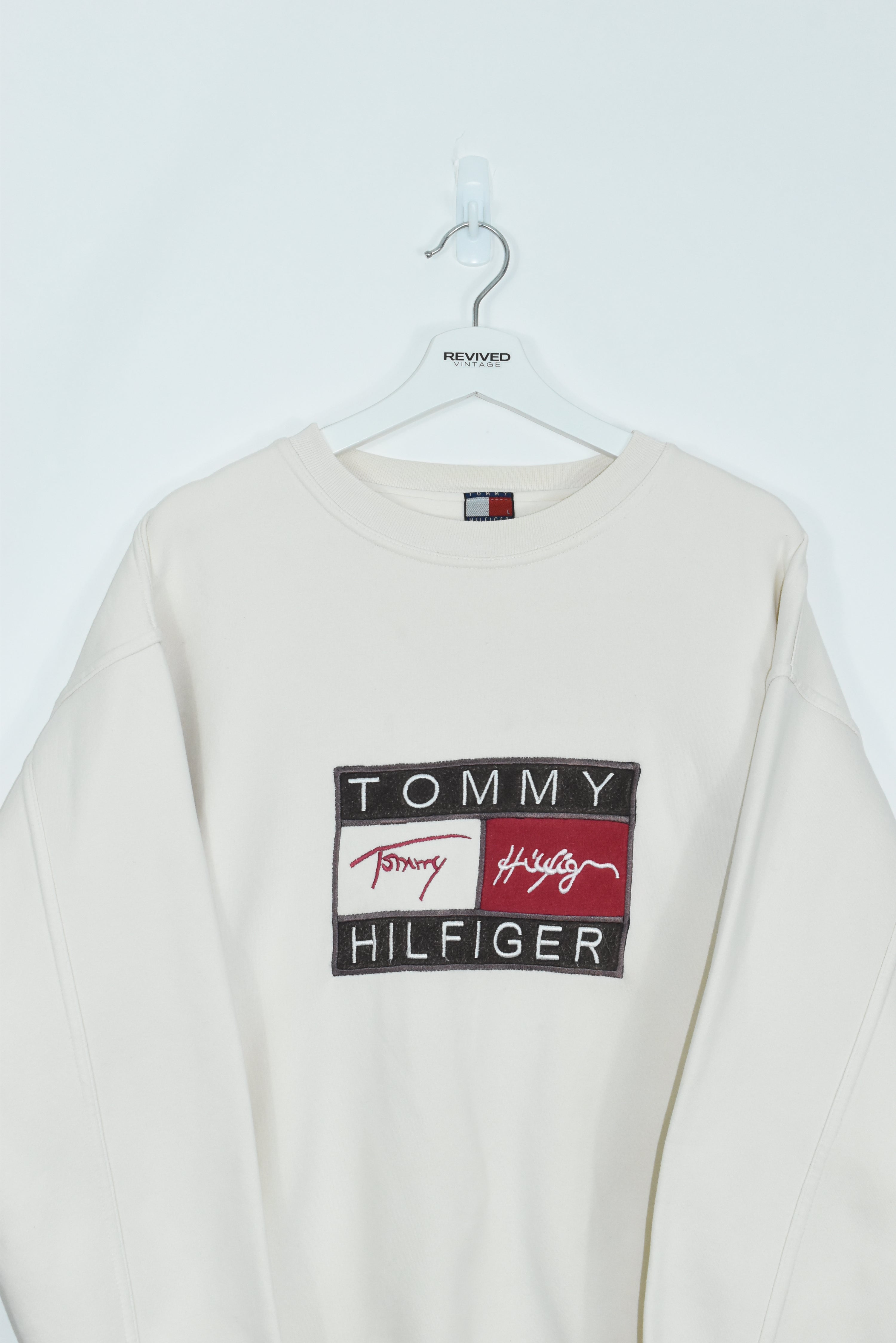 VINTAGE TOMMY HILFIGER 90s EMBROIDERY SWEATSHIRT CREAM LARGE