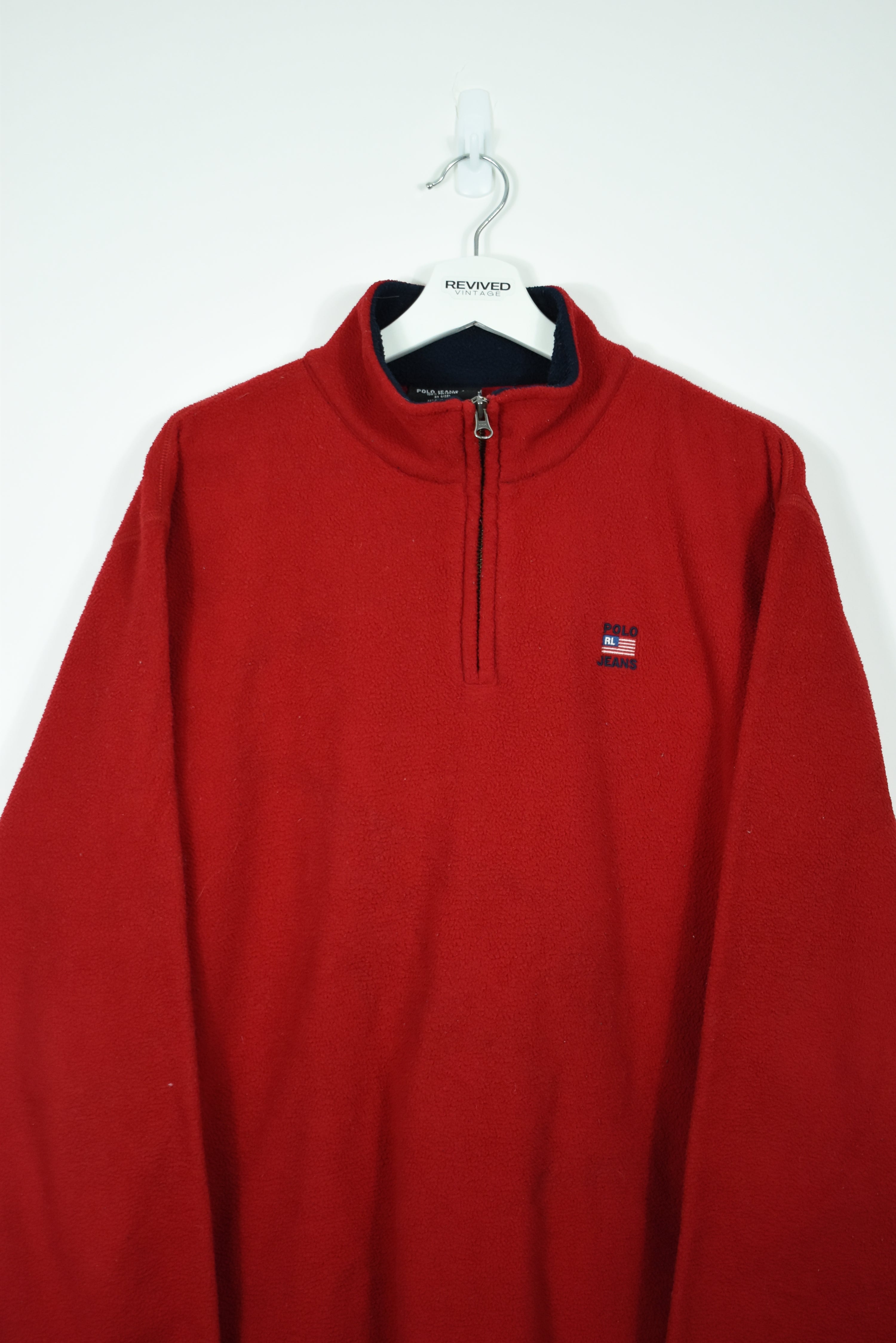 VINTAGE POLO RL EMBROIDERY RED 1/4 ZIP FLEECE LARGE (BAGGY)