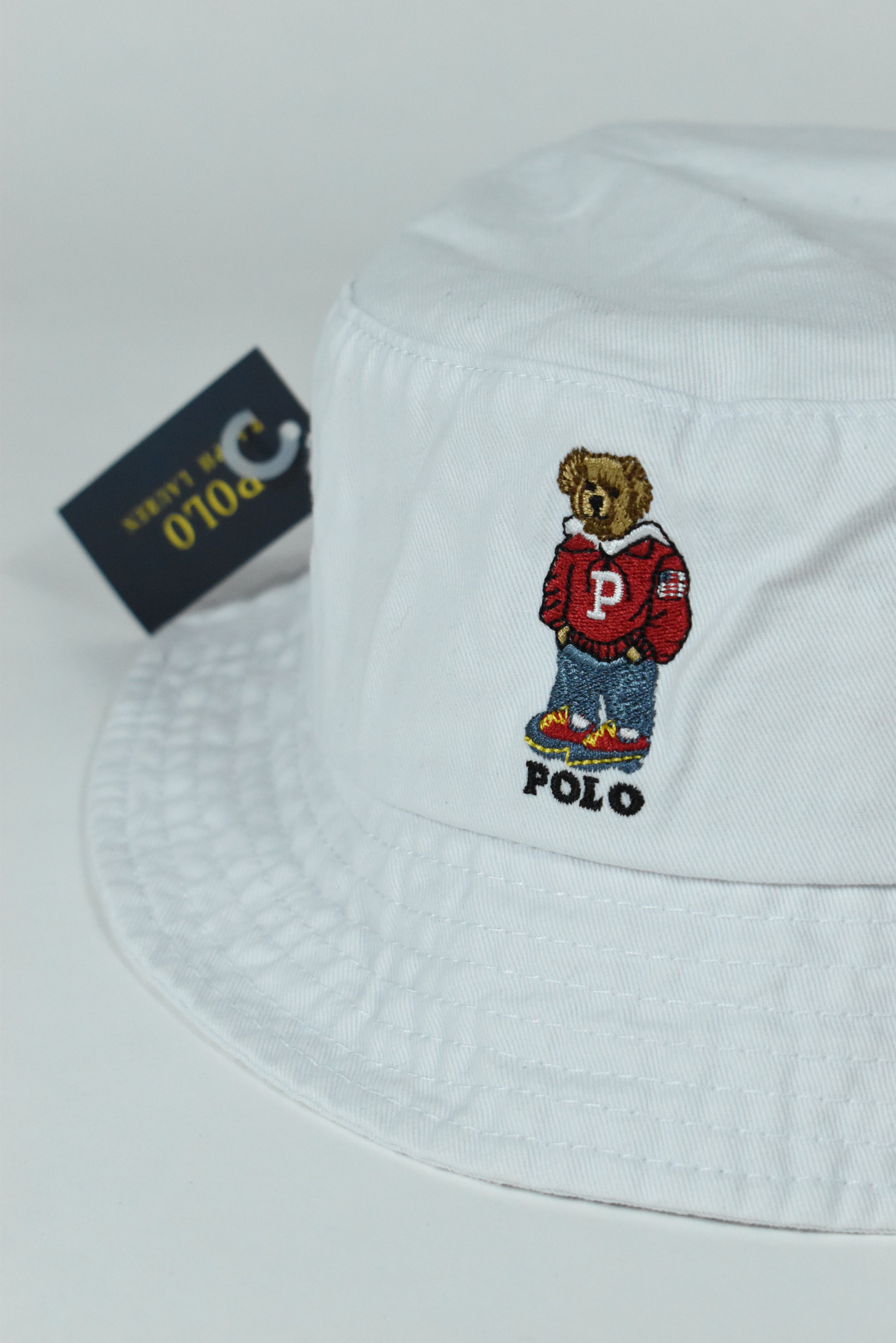 New White RL Polo Bear Embroidery Bucket Hat